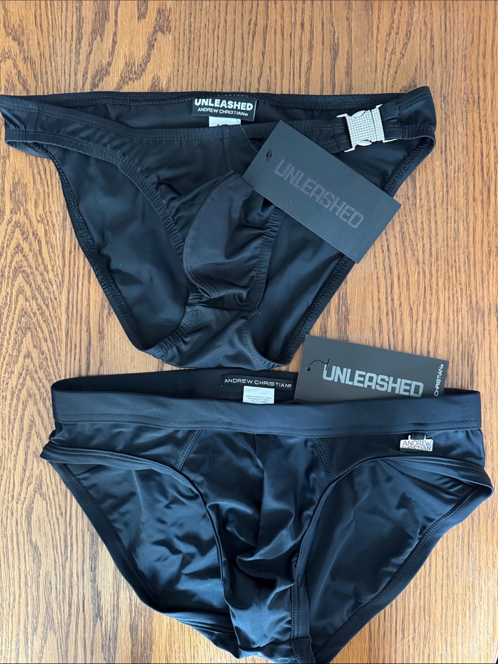 Andrew Christian Black Unleashed Swim Briefs - Bling Buckle & Eclipse (Medium)
